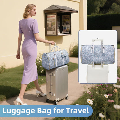 Garment Bags for Travel, Convertible Suit Travel Bag for Women, Stylish Carry On Garment Bag with Toiletry Pocket, Shoulder Strap and Shoes Compartment, 2 in 1 Foldable PU Leather Duffle Bag, Blue