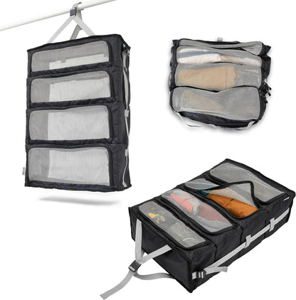 Hanging Suitcase Organizer – Instant Travel Closet with Built-In Compression | 4-Compartment Wardrobe Packing Cubes for Carry-On & Checked Luggage | Travel Essentials for Men & Women
