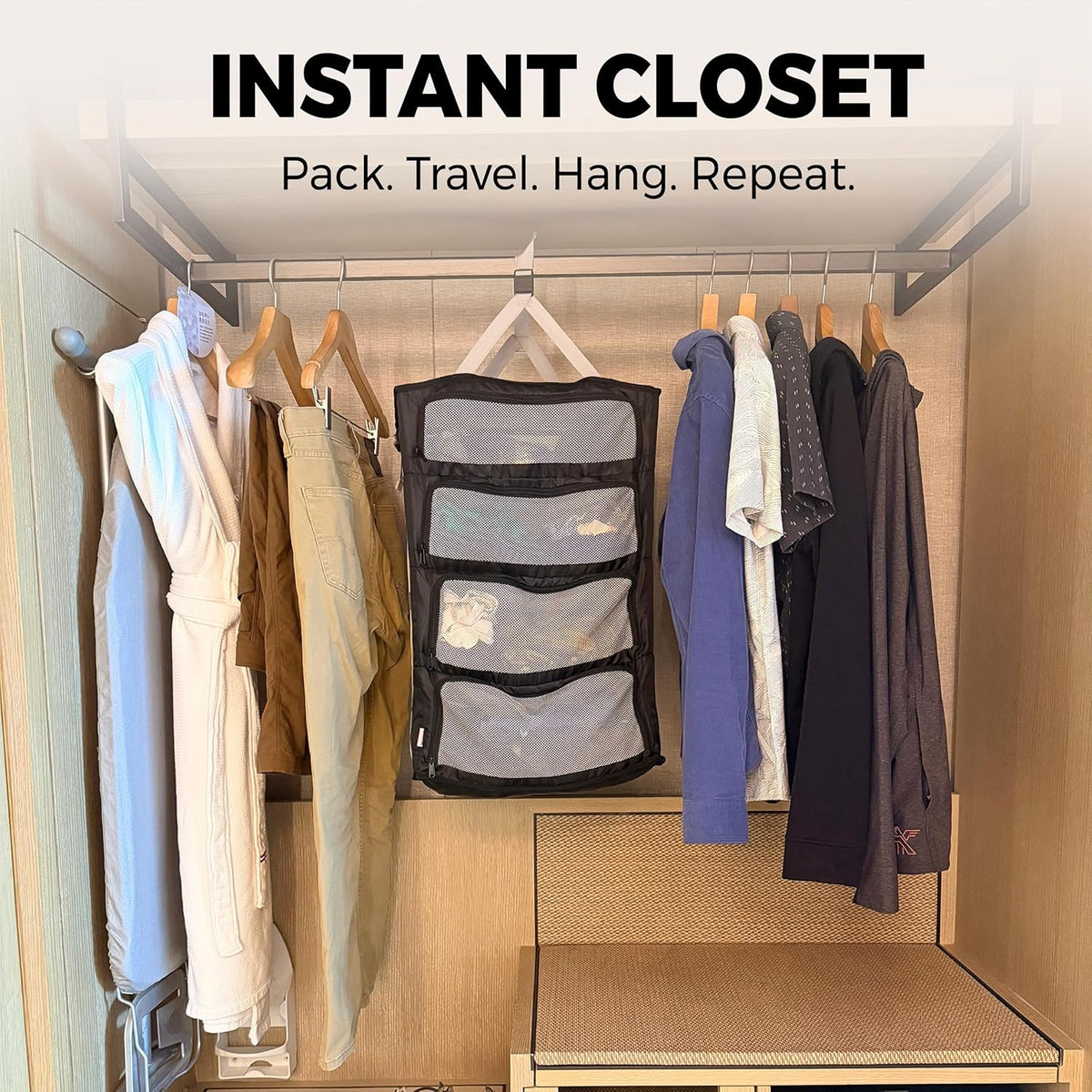Hanging Suitcase Organizer – Instant Travel Closet with Built-In Compression | 4-Compartment Wardrobe Packing Cubes for Carry-On & Checked Luggage | Travel Essentials for Men & Women
