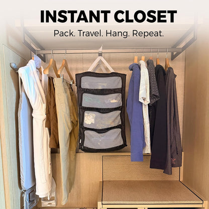 Hanging Suitcase Organizer – Instant Travel Closet with Built-In Compression | 4-Compartment Wardrobe Packing Cubes for Carry-On & Checked Luggage | Travel Essentials for Men & Women