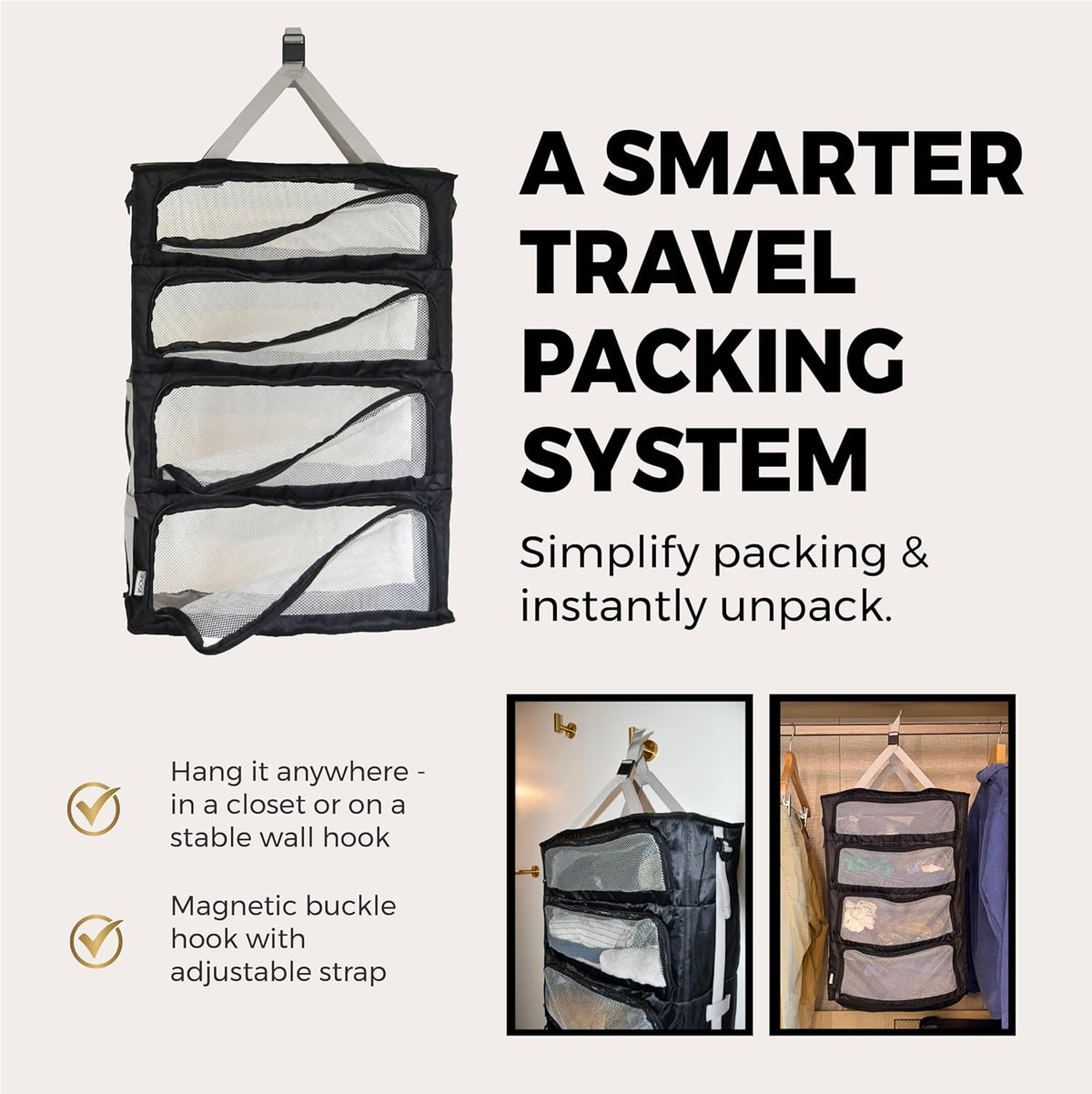 Hanging Suitcase Organizer – Instant Travel Closet with Built-In Compression | 4-Compartment Wardrobe Packing Cubes for Carry-On & Checked Luggage | Travel Essentials for Men & Women