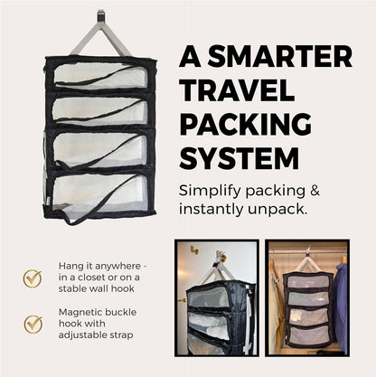 Hanging Suitcase Organizer – Instant Travel Closet with Built-In Compression | 4-Compartment Wardrobe Packing Cubes for Carry-On & Checked Luggage | Travel Essentials for Men & Women