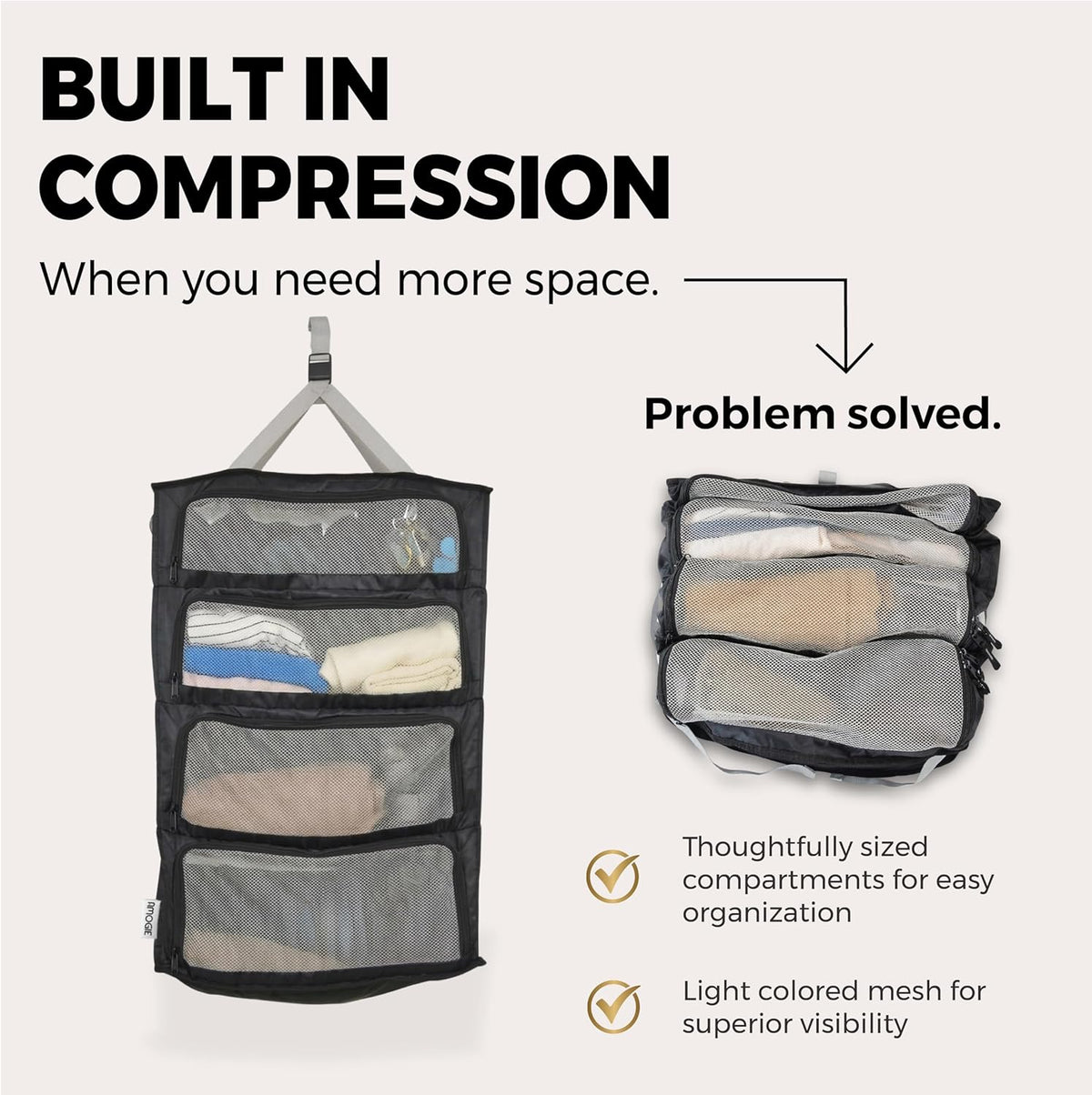 Hanging Suitcase Organizer – Instant Travel Closet with Built-In Compression | 4-Compartment Wardrobe Packing Cubes for Carry-On & Checked Luggage | Travel Essentials for Men & Women