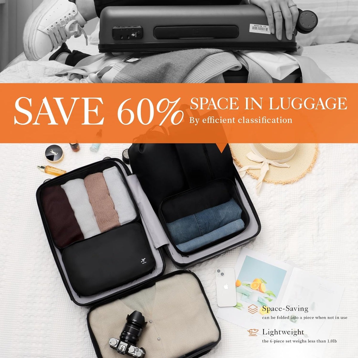 Packing Cubes for Suitcases - 6 Pieces, Light Packing Cubes for Travel, Premium Suitcase Organizer Bags Set, Space-Saving Luggage Organizers, Travel Accessories and Essentials, Black