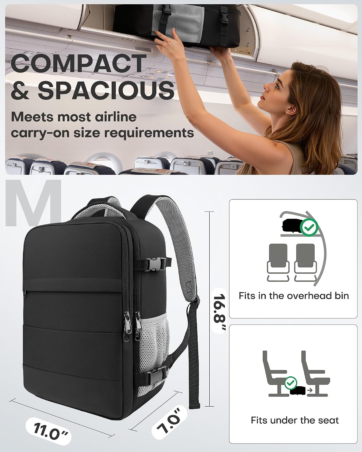 Travel Backpack - Flight Approved Travel Bag for Men and Women, Carry on Luggage for 15.6" Laptop and Travel Essentials for Work, Business, Weekender, College 14.6"x9.1"x20.9" (Black)