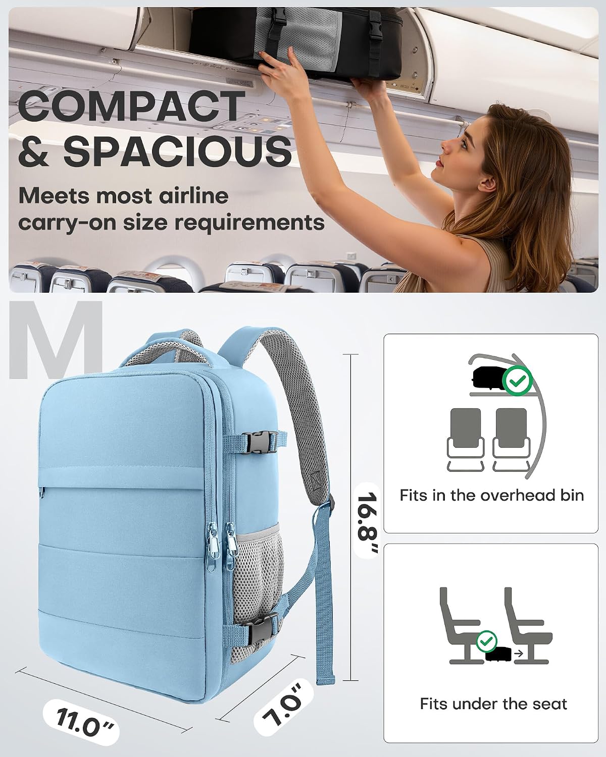 Travel Backpack - Flight Approved Travel Bag for Men and Women, Carry on Luggage for 15.6" Laptop and Travel Essentials for Work, Business, Weekender, College 14.6"x9.1"x20.9" (Black)