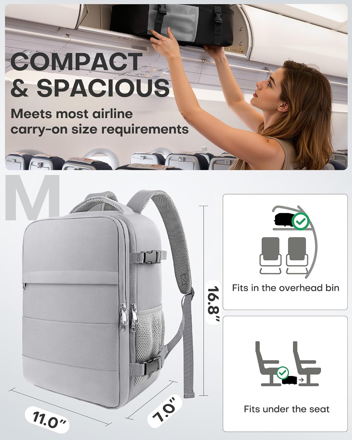 Travel Backpack - Flight Approved Travel Bag for Men and Women, Carry on Luggage for 15.6" Laptop and Travel Essentials for Work, Business, Weekender, College 14.6"x9.1"x20.9" (Black)