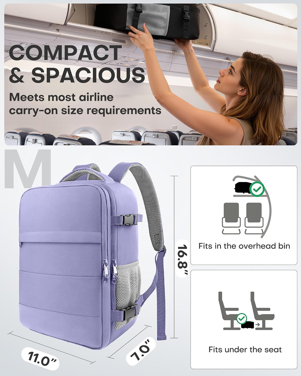 Travel Backpack - Flight Approved Travel Bag for Men and Women, Carry on Luggage for 15.6" Laptop and Travel Essentials for Work, Business, Weekender, College 14.6"x9.1"x20.9" (Black)