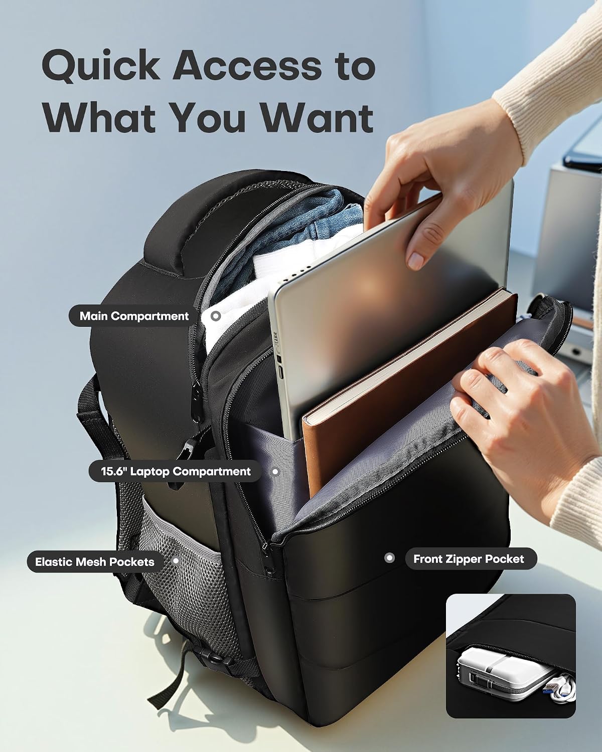 Travel Backpack - Flight Approved Travel Bag for Men and Women, Carry on Luggage for 15.6" Laptop and Travel Essentials for Work, Business, Weekender, College 14.6"x9.1"x20.9" (Black)