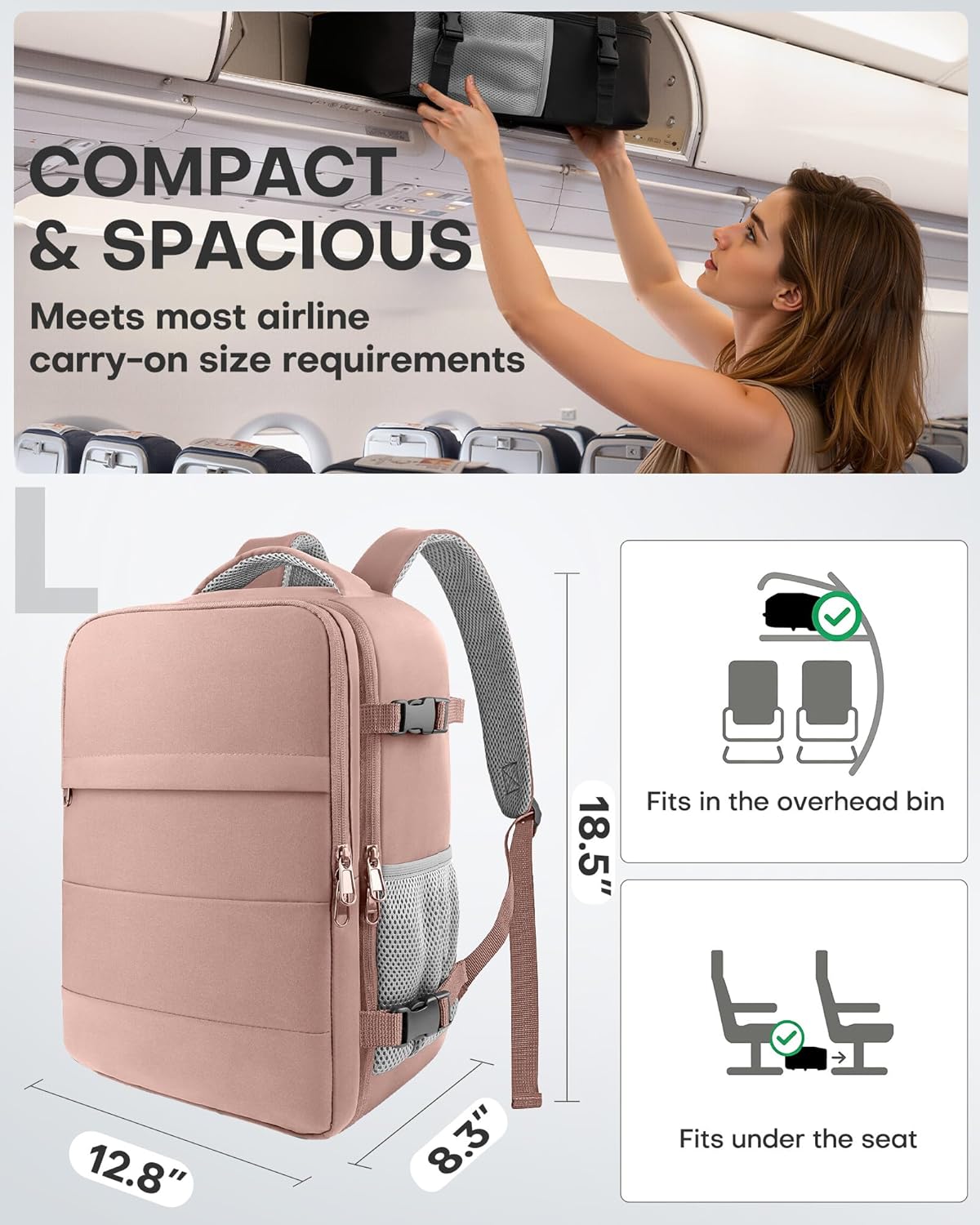 Travel Backpack - Flight Approved Travel Bag for Men and Women, Carry on Luggage for 15.6" Laptop and Travel Essentials for Work, Business, Weekender, College 14.6"x9.1"x20.9" (Black)