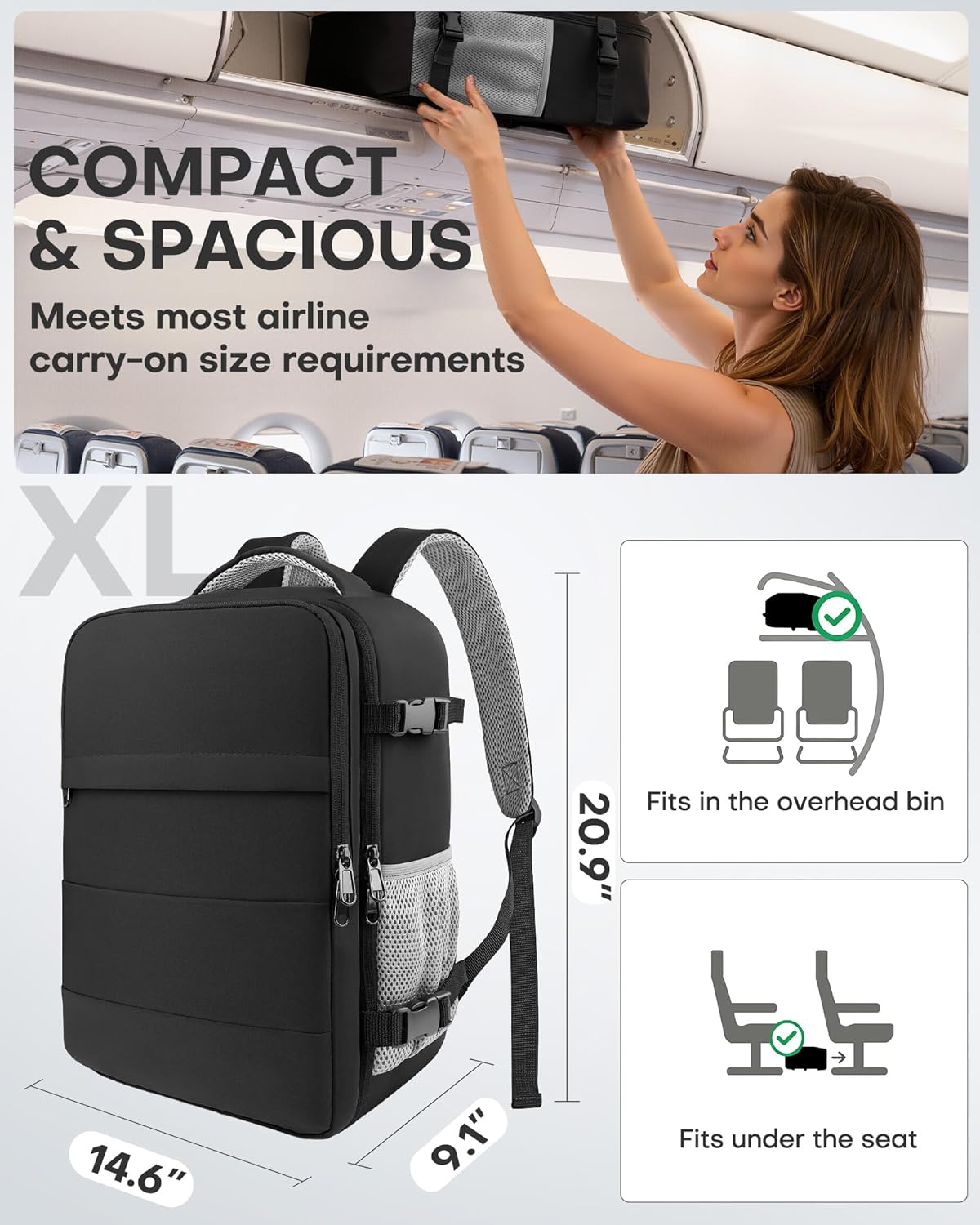 Travel Backpack - Flight Approved Travel Bag for Men and Women, Carry on Luggage for 15.6" Laptop and Travel Essentials for Work, Business, Weekender, College 14.6"x9.1"x20.9" (Black)