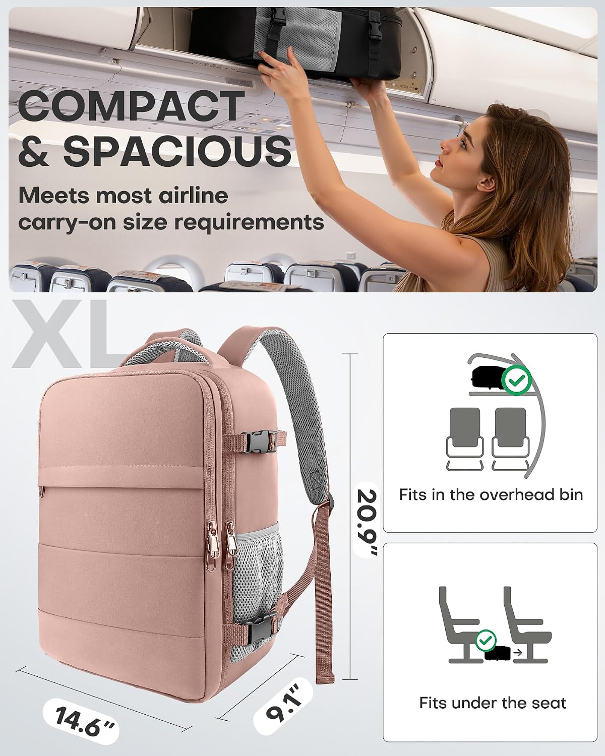 Travel Backpack - Flight Approved Travel Bag for Men and Women, Carry on Luggage for 15.6" Laptop and Travel Essentials for Work, Business, Weekender, College 14.6"x9.1"x20.9" (Black)