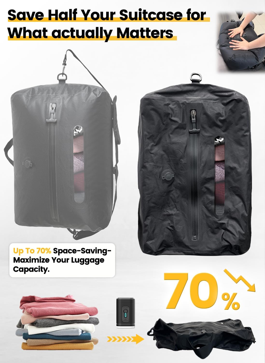 Travel Vacuum Bags with USB-C Pump, Compression Storage Bags for Clothing, Space Saving Packing Cubes Alternative for Carry-On Suitcase, Backpack & Luggage, Waterproof Reusable Travel Bags