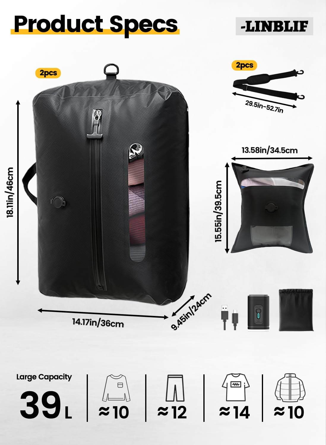 Travel Vacuum Bags with USB-C Pump, Compression Storage Bags for Clothing, Space Saving Packing Cubes Alternative for Carry-On Suitcase, Backpack & Luggage, Waterproof Reusable Travel Bags