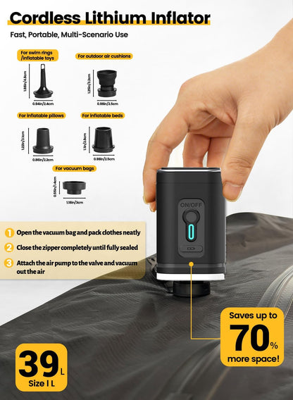 Travel Vacuum Bags with USB-C Pump, Compression Storage Bags for Clothing, Space Saving Packing Cubes Alternative for Carry-On Suitcase, Backpack & Luggage, Waterproof Reusable Travel Bags