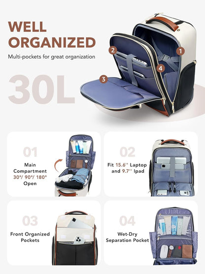 Rolling Backpack for Women, Large Travel Backpack with Wheels Carry on Flight Approved, 15.6 Inch Laptop Wheeled Roller Bag Suitcase for Work Bussiness Weekender (Pink,M Underseat Size)