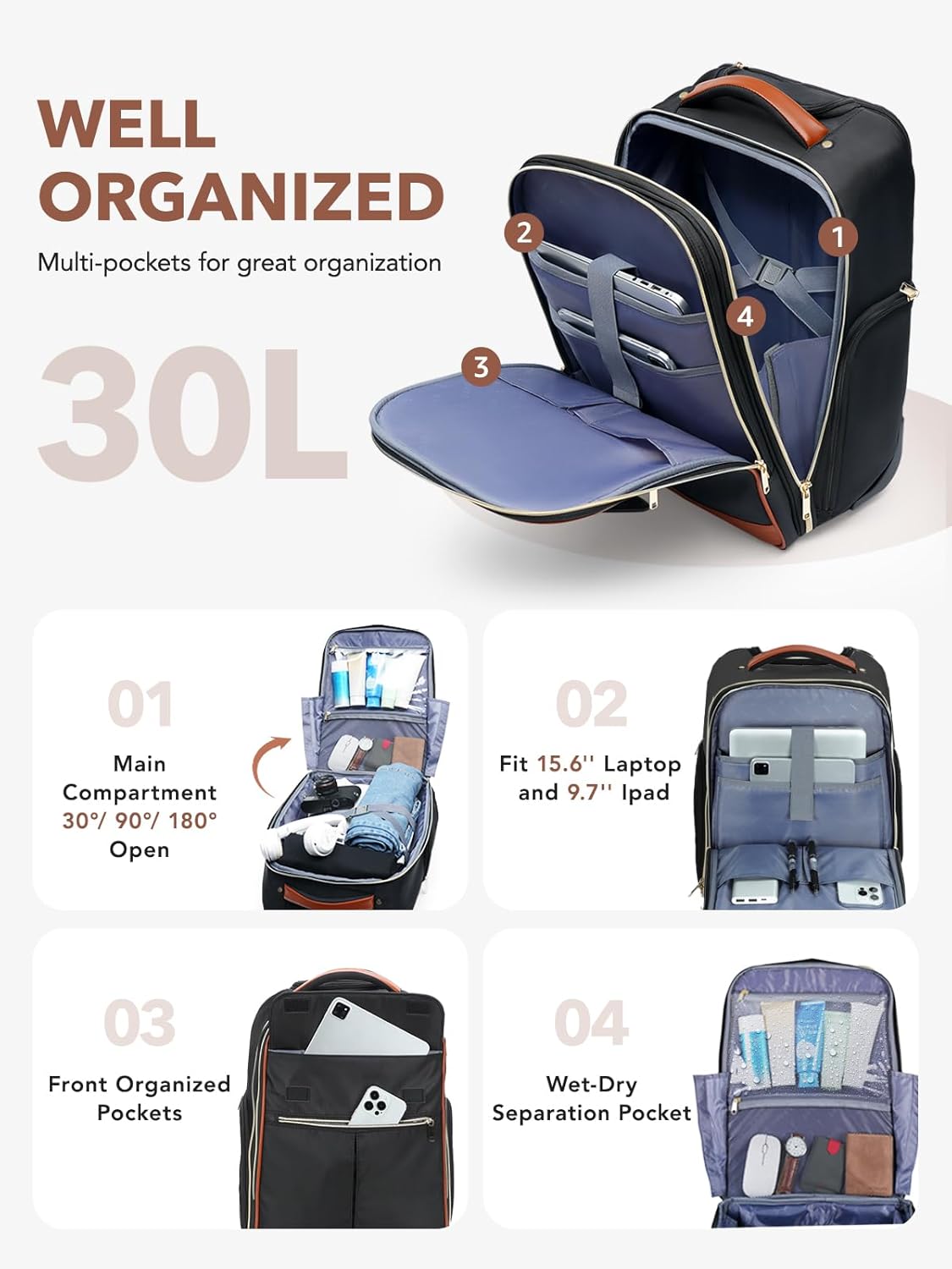Rolling Backpack for Women, Large Travel Backpack with Wheels Carry on Flight Approved, 15.6 Inch Laptop Wheeled Roller Bag Suitcase for Work Bussiness Weekender (Pink,M Underseat Size)