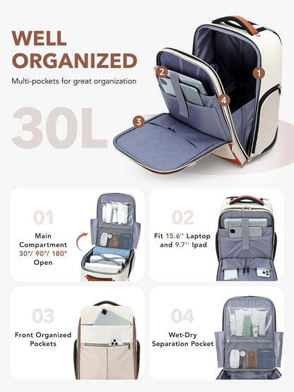 Rolling Backpack for Women, Large Travel Backpack with Wheels Carry on Flight Approved, 15.6 Inch Laptop Wheeled Roller Bag Suitcase for Work Bussiness Weekender (Pink,M Underseat Size)