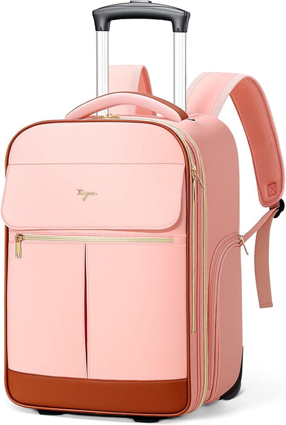 Rolling Backpack for Women, Large Travel Backpack with Wheels Carry on Flight Approved, 15.6 Inch Laptop Wheeled Roller Bag Suitcase for Work Bussiness Weekender (Pink,M Underseat Size)