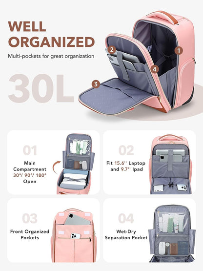 Rolling Backpack for Women, Large Travel Backpack with Wheels Carry on Flight Approved, 15.6 Inch Laptop Wheeled Roller Bag Suitcase for Work Bussiness Weekender (Pink,M Underseat Size)