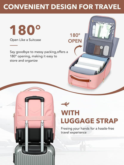 Rolling Backpack for Women, Large Travel Backpack with Wheels Carry on Flight Approved, 15.6 Inch Laptop Wheeled Roller Bag Suitcase for Work Bussiness Weekender (Pink,M Underseat Size)