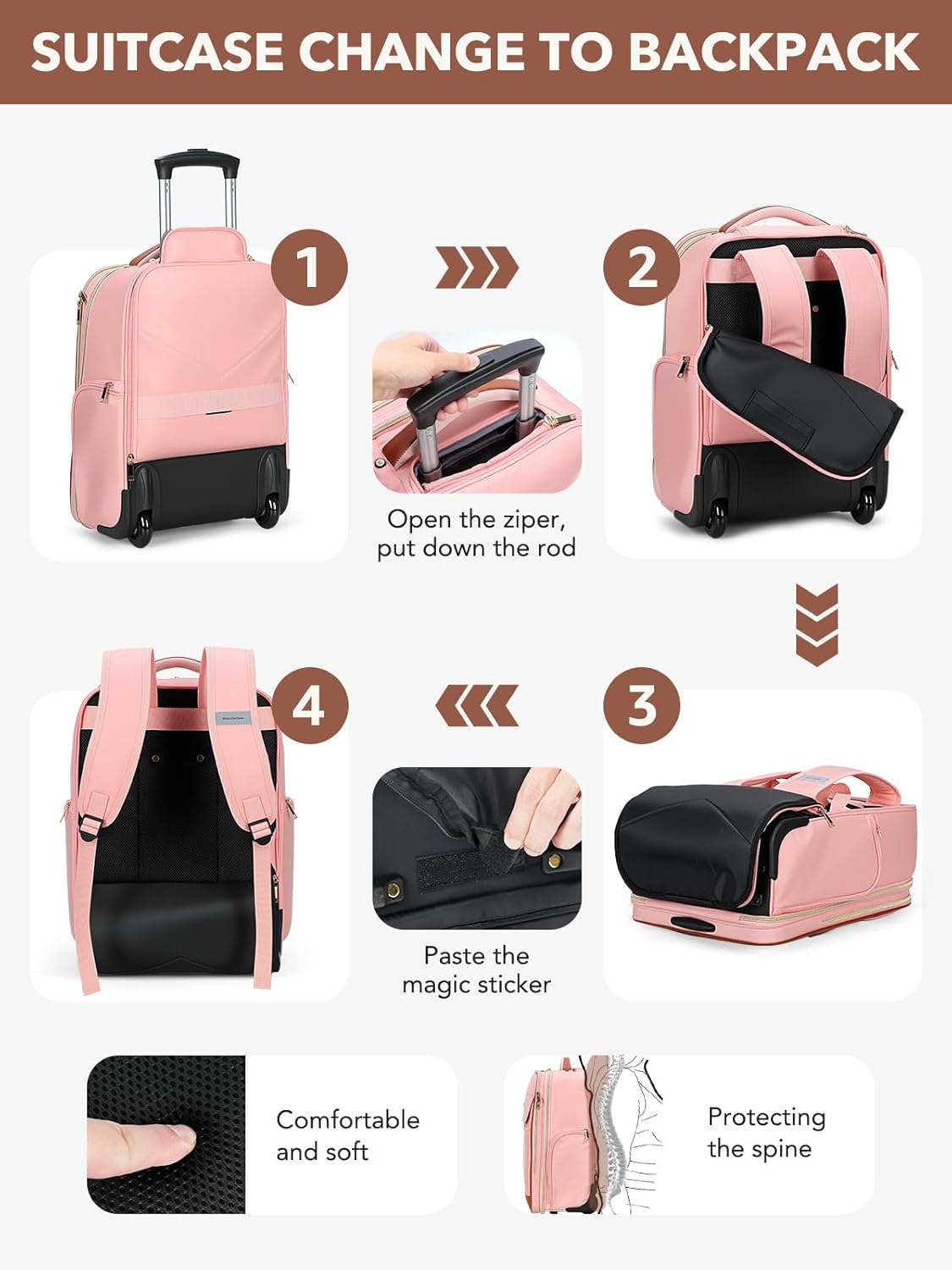 Rolling Backpack for Women, Large Travel Backpack with Wheels Carry on Flight Approved, 15.6 Inch Laptop Wheeled Roller Bag Suitcase for Work Bussiness Weekender (Pink,M Underseat Size)
