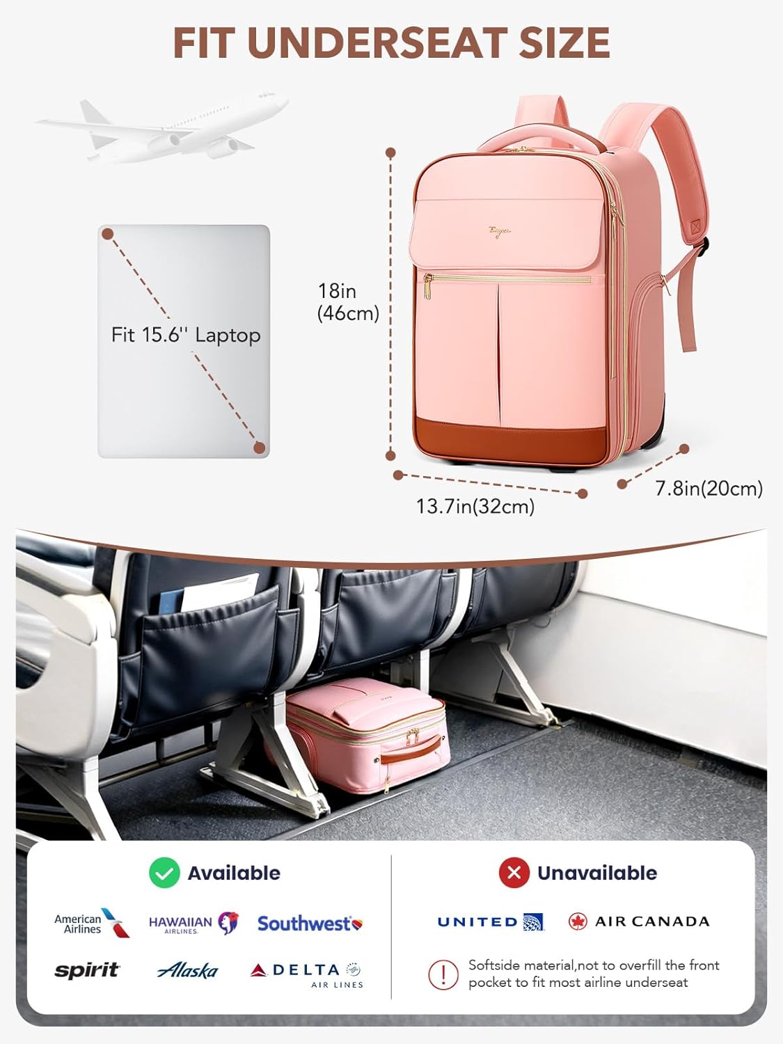 Rolling Backpack for Women, Large Travel Backpack with Wheels Carry on Flight Approved, 15.6 Inch Laptop Wheeled Roller Bag Suitcase for Work Bussiness Weekender (Pink,M Underseat Size)