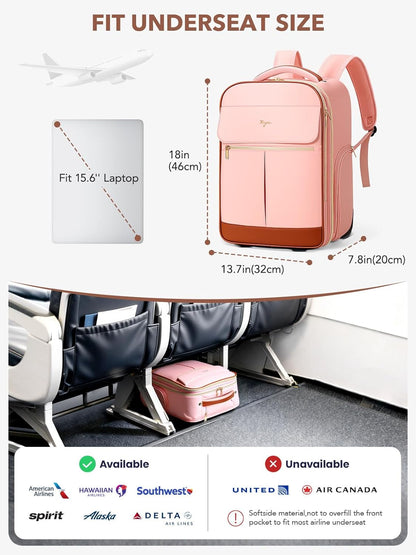 Rolling Backpack for Women, Large Travel Backpack with Wheels Carry on Flight Approved, 15.6 Inch Laptop Wheeled Roller Bag Suitcase for Work Bussiness Weekender (Pink,M Underseat Size)