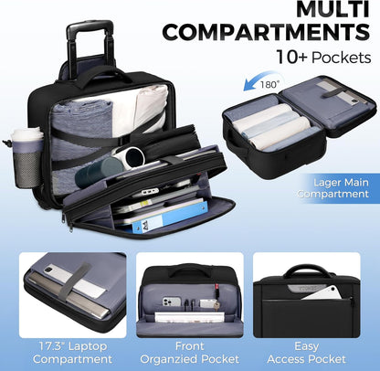 Rolling Laptop Bag Women, Rolling Briefcase for Women Men with Cup Holder, 18" Large Carry On Laptops Bags with Wheels, Water Resistant Overnight Roller Computer Bag for Work Travel Business
