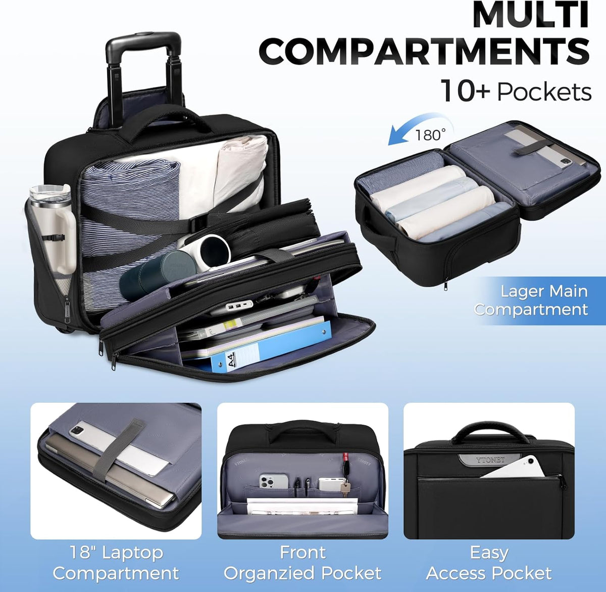 Rolling Laptop Bag Women, Rolling Briefcase for Women Men with Cup Holder, 18" Large Carry On Laptops Bags with Wheels, Water Resistant Overnight Roller Computer Bag for Work Travel Business