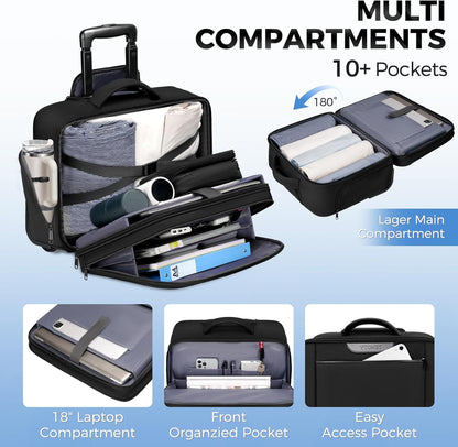 Rolling Laptop Bag Women, Rolling Briefcase for Women Men with Cup Holder, 18" Large Carry On Laptops Bags with Wheels, Water Resistant Overnight Roller Computer Bag for Work Travel Business