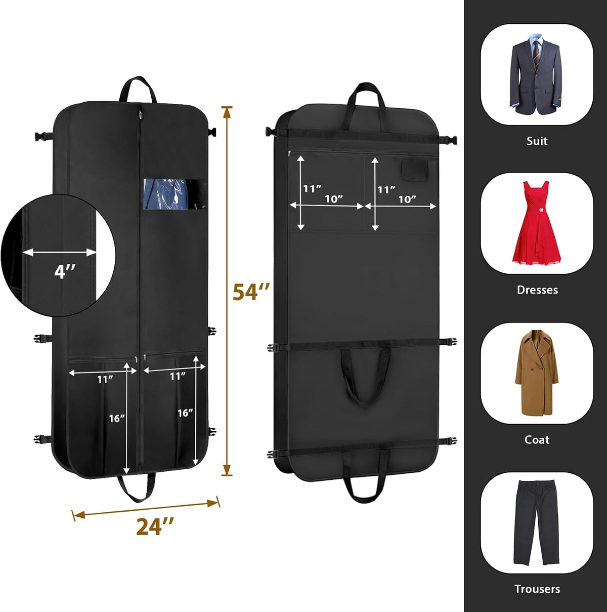 Garment Bags for Travel 54" Tri-fold Garment Bag for Dresses Long Suit Bags Dress Bags for Closet Storage Hanging Clothes for Suit Coats Tuxedos Dresses with 4 Big Pockets, Black