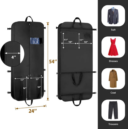 Garment Bags for Travel 54" Tri-fold Garment Bag for Dresses Long Suit Bags Dress Bags for Closet Storage Hanging Clothes for Suit Coats Tuxedos Dresses with 4 Big Pockets, Black