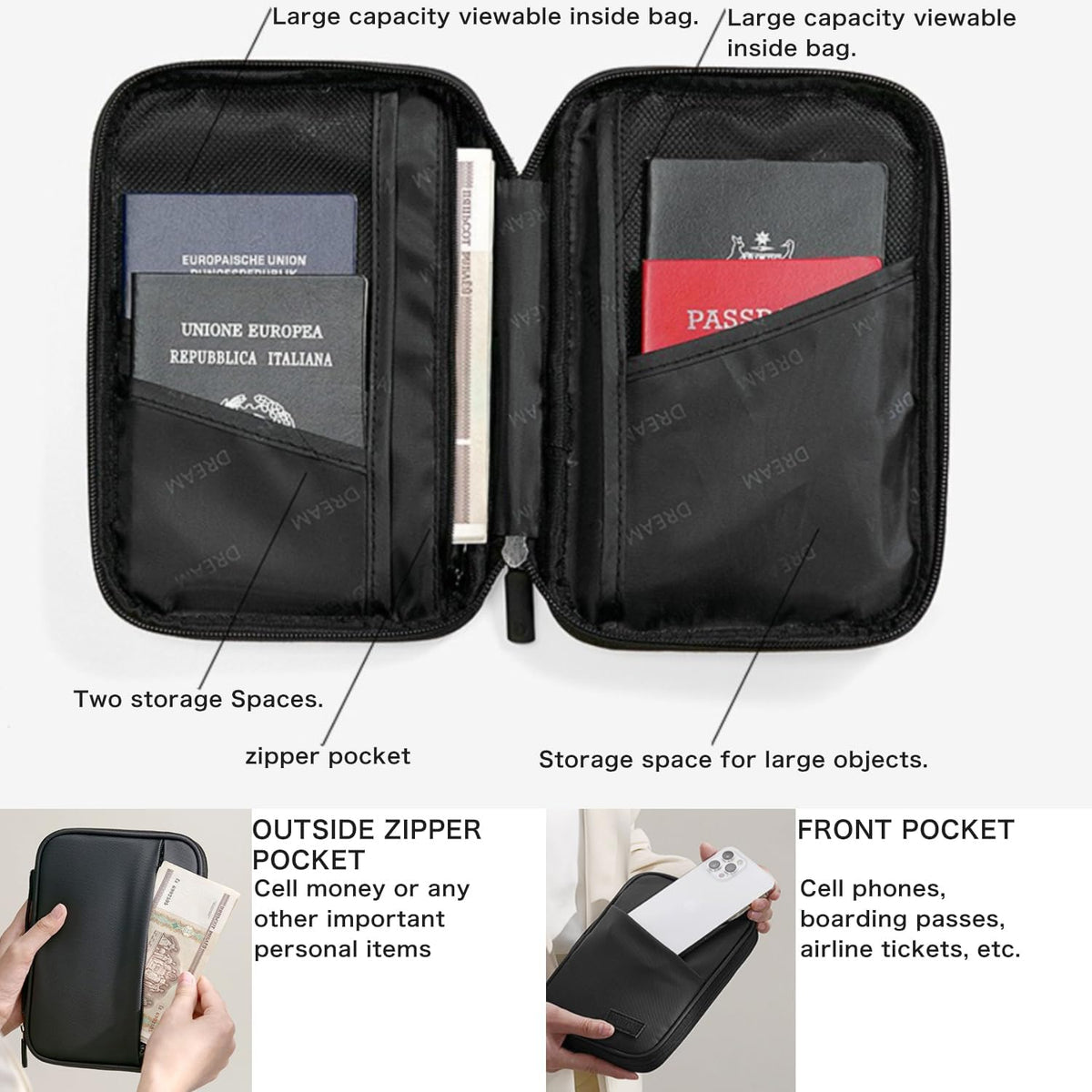 Waterproof Passport Holder, RFID Blocking Wallet, Portable Travel Document Organizer for Men & Women, Travel Essentials (Black)
