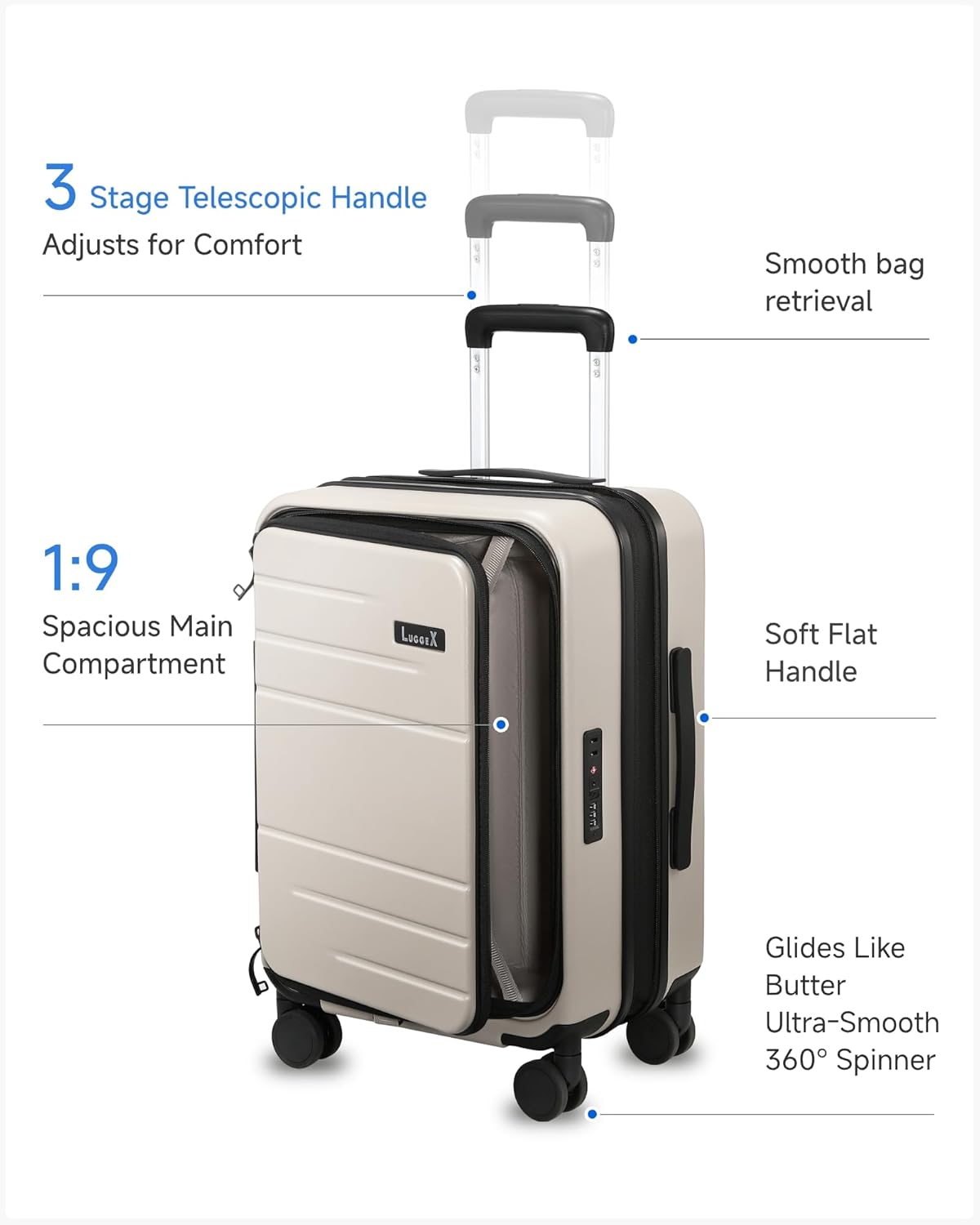 LUGGEX Carry On Luggage 22x14x9 Airline Approved, Expandable Polycarbonate Suitcase with Front Pocket (FX-Core, Charcoal Metallic, 20 Inch)