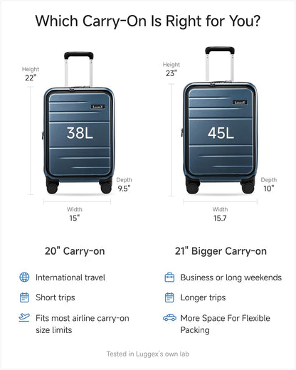 LUGGEX Carry On Luggage 22x14x9 Airline Approved, Expandable Polycarbonate Suitcase with Front Pocket (FX-Core, Charcoal Metallic, 20 Inch)