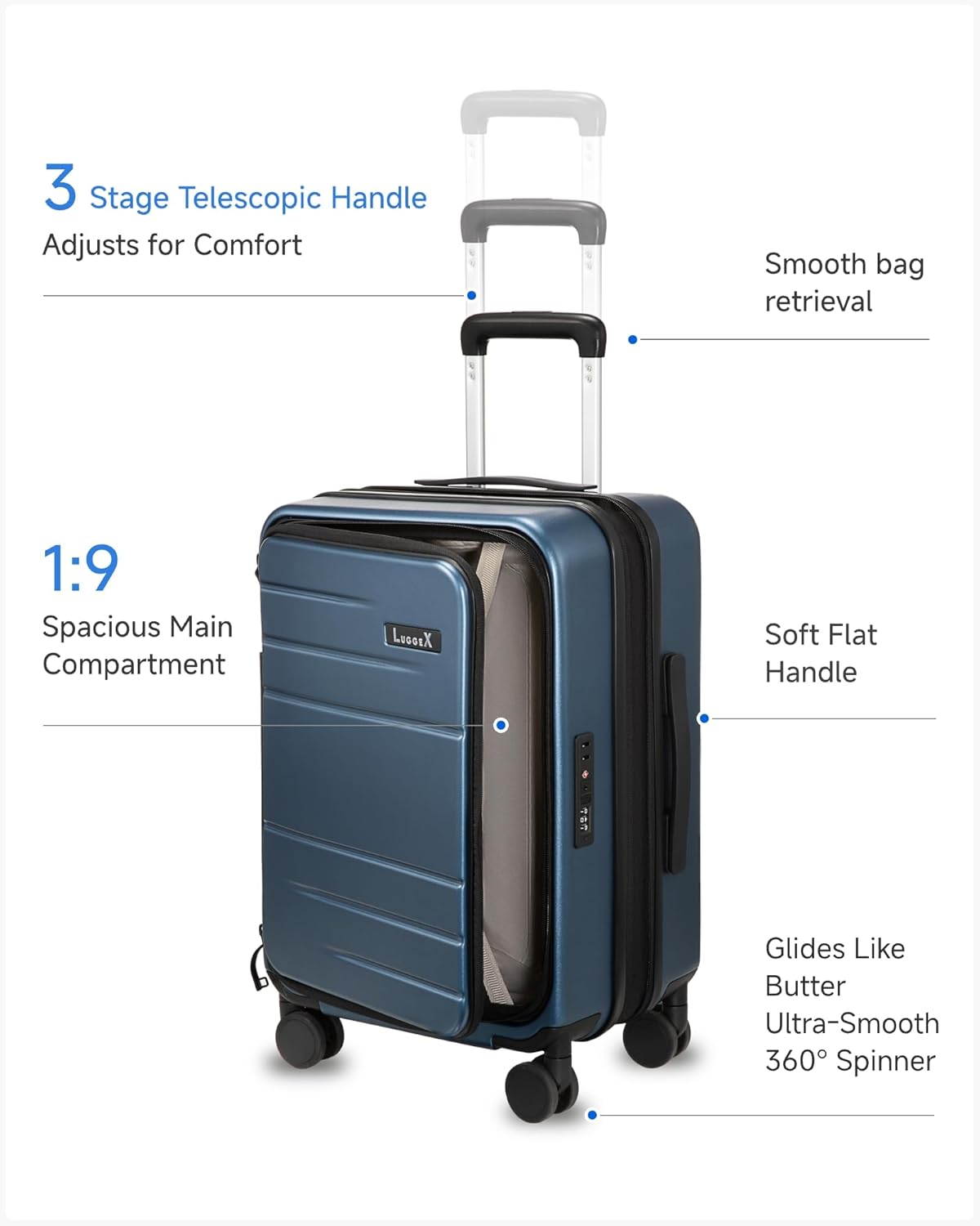 LUGGEX Carry On Luggage 22x14x9 Airline Approved, Expandable Polycarbonate Suitcase with Front Pocket (FX-Core, Charcoal Metallic, 20 Inch)