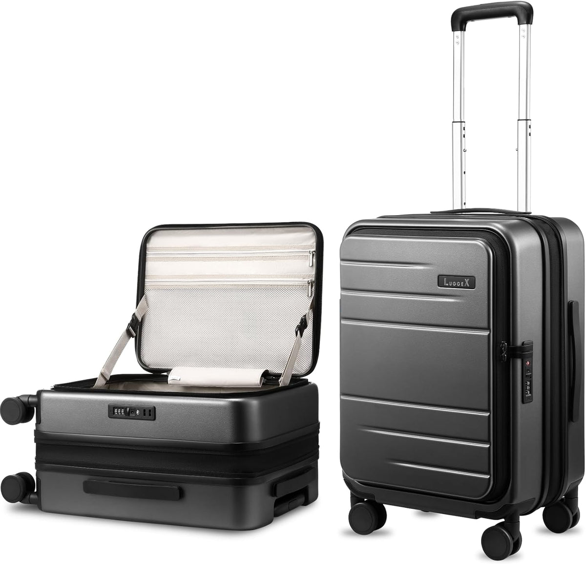 LUGGEX Carry On Luggage 22x14x9 Airline Approved, Expandable Polycarbonate Suitcase with Front Pocket (FX-Core, Charcoal Metallic, 20 Inch)