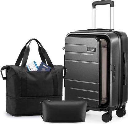 LUGGEX Carry On Luggage 22x14x9 Airline Approved, Expandable Polycarbonate Suitcase with Front Pocket (FX-Core, Charcoal Metallic, 20 Inch)