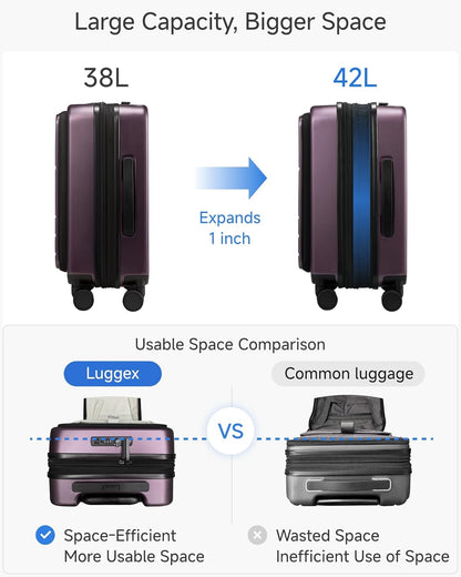 LUGGEX Carry On Luggage 22x14x9 Airline Approved, Expandable Polycarbonate Suitcase with Front Pocket (FX-Core, Charcoal Metallic, 20 Inch)