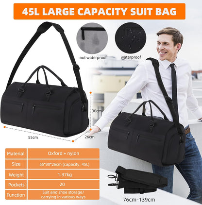 Garment Bags for Travel, Suit Bag with Shoulder Strap, Grey | 2-in-1 Convertible | Shoe Compartment | Wrinkle-Free | Oxford Cloth | Detachable Strap | Carry On