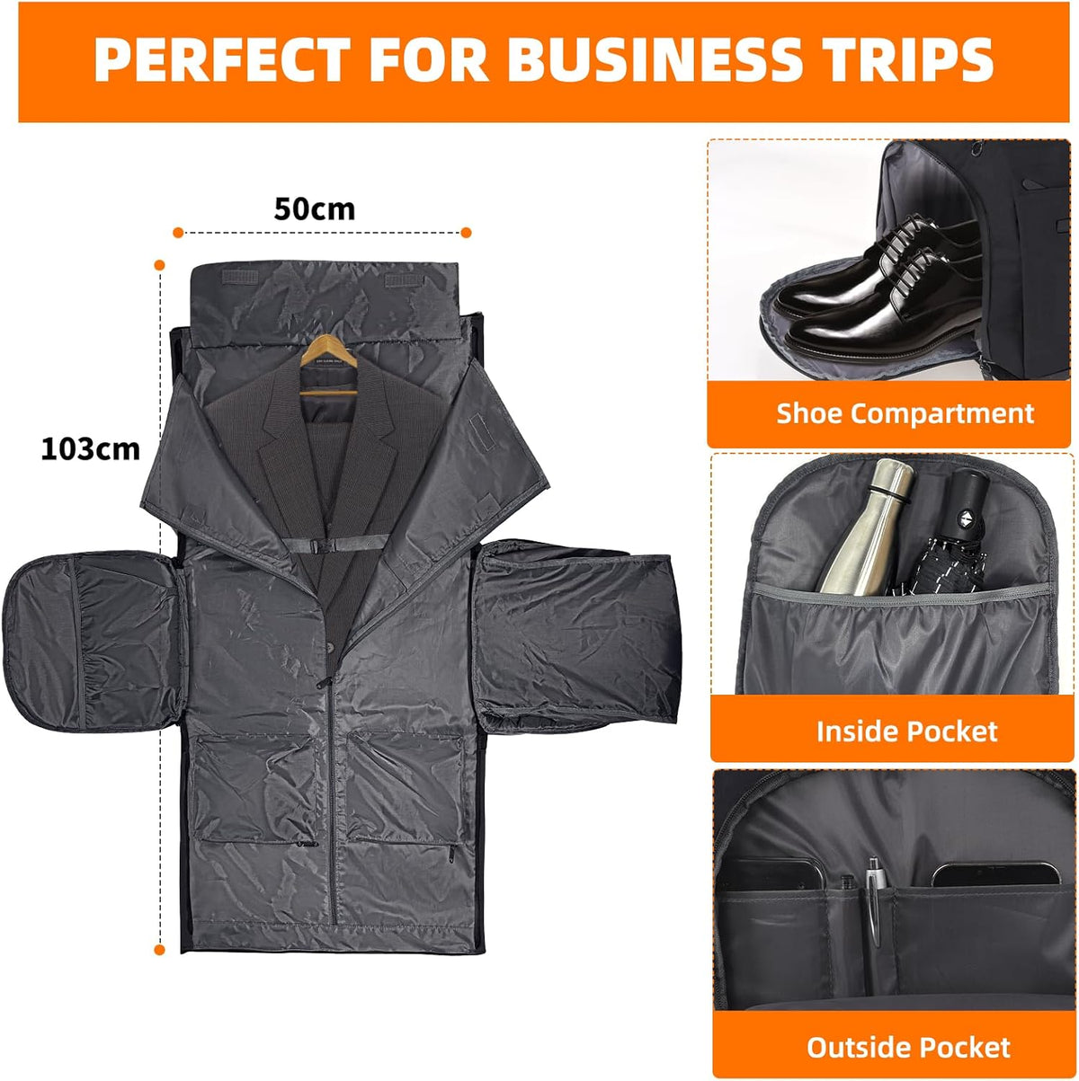 Garment Bags for Travel, Suit Bag with Shoulder Strap, Grey | 2-in-1 Convertible | Shoe Compartment | Wrinkle-Free | Oxford Cloth | Detachable Strap | Carry On