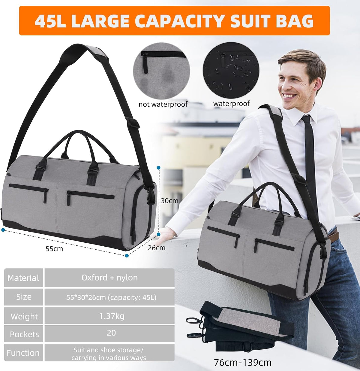 Garment Bags for Travel, Suit Bag with Shoulder Strap, Grey | 2-in-1 Convertible | Shoe Compartment | Wrinkle-Free | Oxford Cloth | Detachable Strap | Carry On