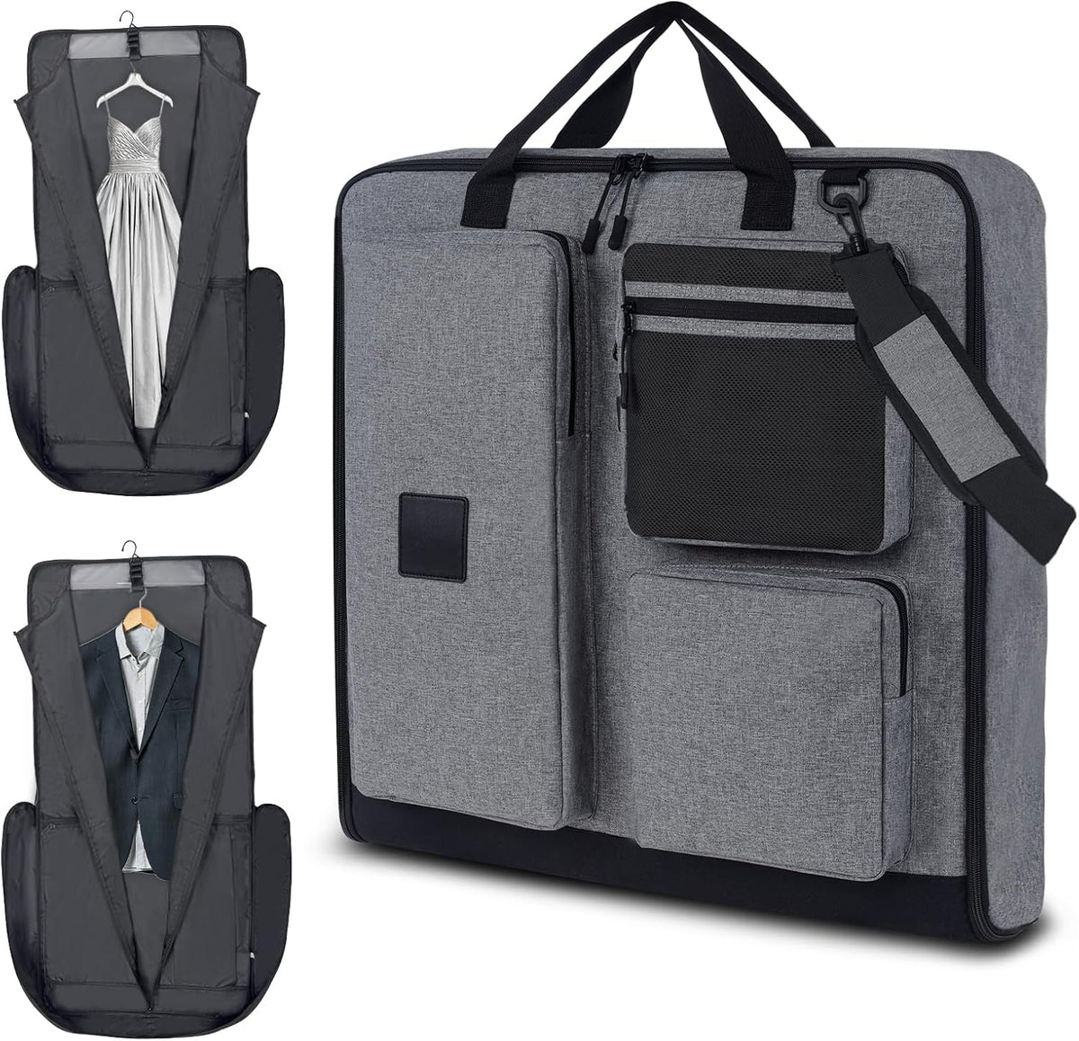Garment Bags for Travel, Suit Bag with Shoulder Strap, Grey | 2-in-1 Convertible | Shoe Compartment | Wrinkle-Free | Oxford Cloth | Detachable Strap | Carry On
