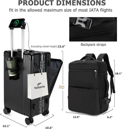 PC Hardside Carry On Luggage, Aluminum Frame, TSA Lock, Cup Holder | USB port, phone holder and spinner wheels keep essentials reachable for airport and business trips