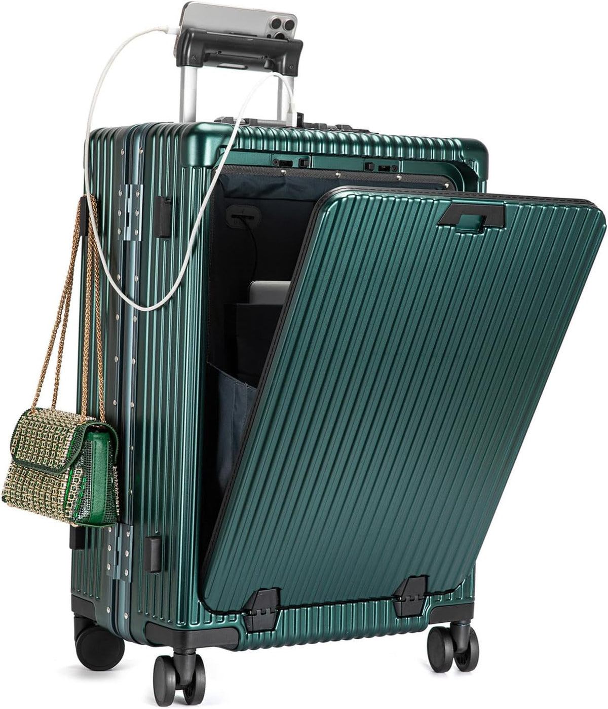 PC Hardside Carry On Luggage, Aluminum Frame, TSA Lock, Cup Holder | USB port, phone holder and spinner wheels keep essentials reachable for airport and business trips