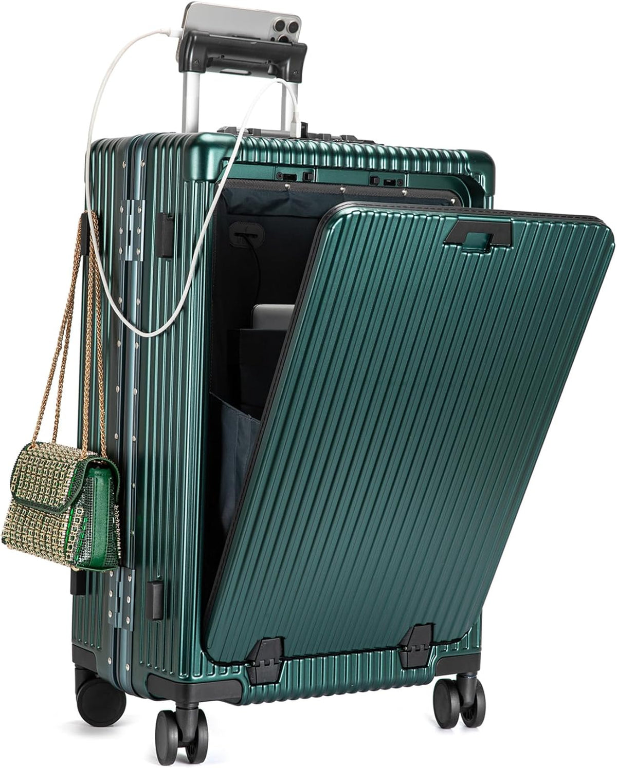 PC Hardside Carry On Luggage, Aluminum Frame, TSA Lock, Cup Holder | USB port, phone holder and spinner wheels keep essentials reachable for airport and business trips