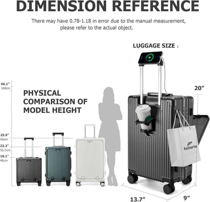 PC Hardside Carry On Luggage, Aluminum Frame, TSA Lock, Cup Holder | USB port, phone holder and spinner wheels keep essentials reachable for airport and business trips