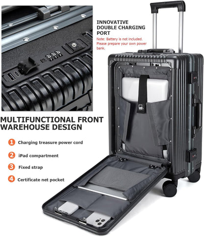 PC Hardside Carry On Luggage, Aluminum Frame, TSA Lock, Cup Holder | USB port, phone holder and spinner wheels keep essentials reachable for airport and business trips