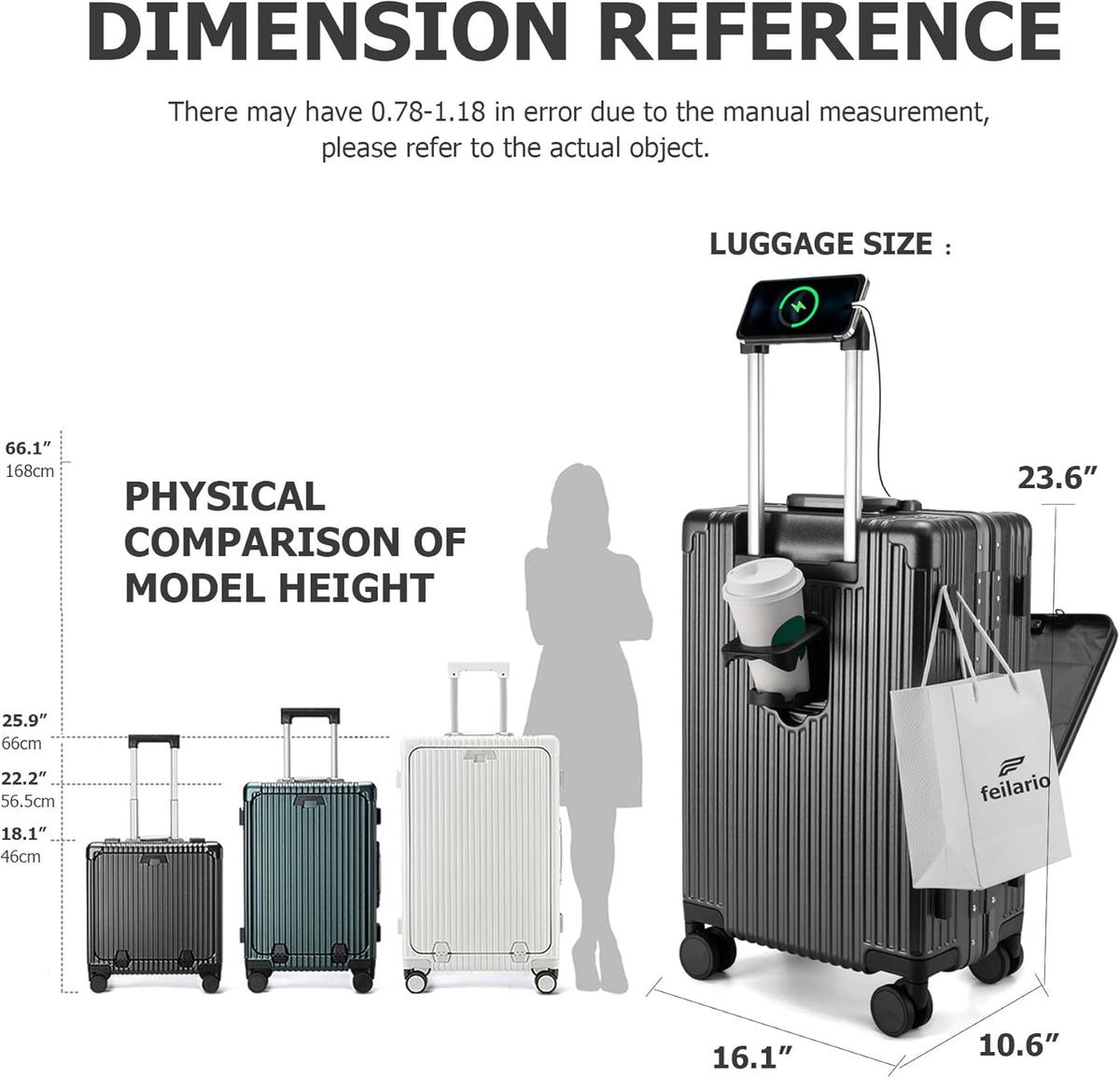 PC Hardside Carry On Luggage, Aluminum Frame, TSA Lock, Cup Holder | USB port, phone holder and spinner wheels keep essentials reachable for airport and business trips